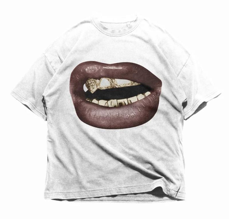 Grillz Lips T-Shirt, Bold Streetwear Graphic Tee, Unique Gift for Him & Her, Trendy Urban Fashion, All Size S-3XL, Unisex Top Cotton Menswear Crewneck