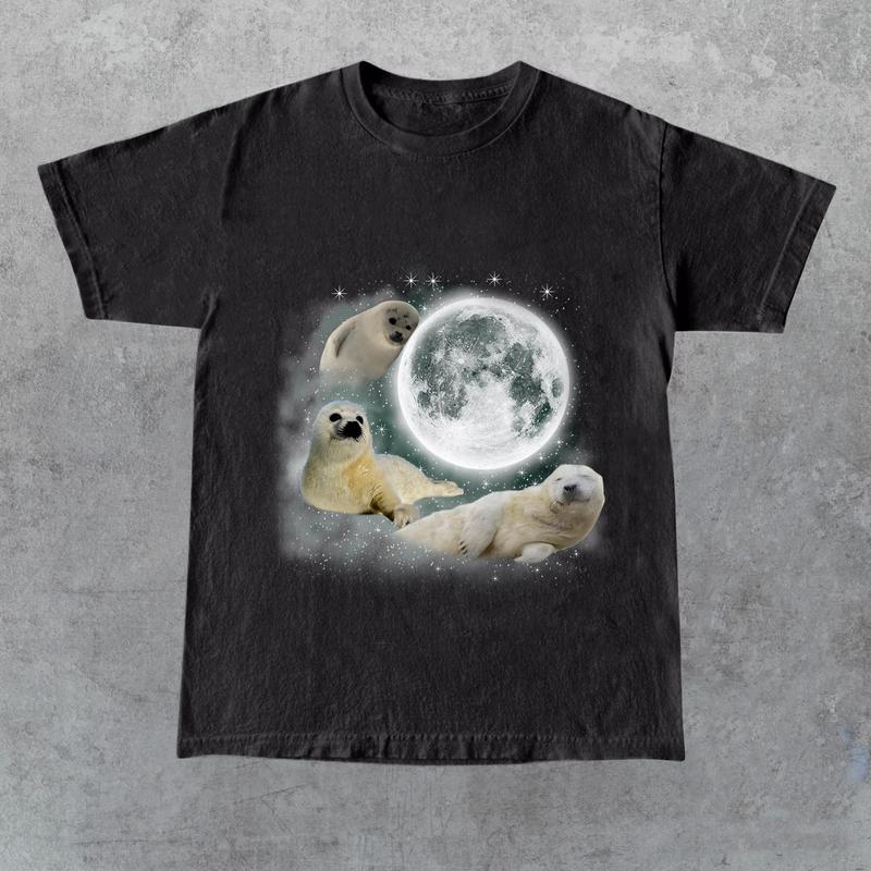 Three Baby Seal Vintage Graphic T-shirts, Retro Sea Dog Moon Tshirt, Seal Lovers, Cute Sea Dog Tee, Relaxed Washed Unisex Adult Tee