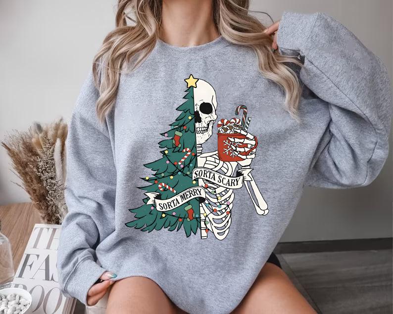 Sorta Merry Sorta Scary Crewneck Sweatshirt, Skeleton Christmas Sweater, Festive Holiday Sweatshirt, Funny Xmas Shirt, Ugly Xmas Sweater, Funny Christ