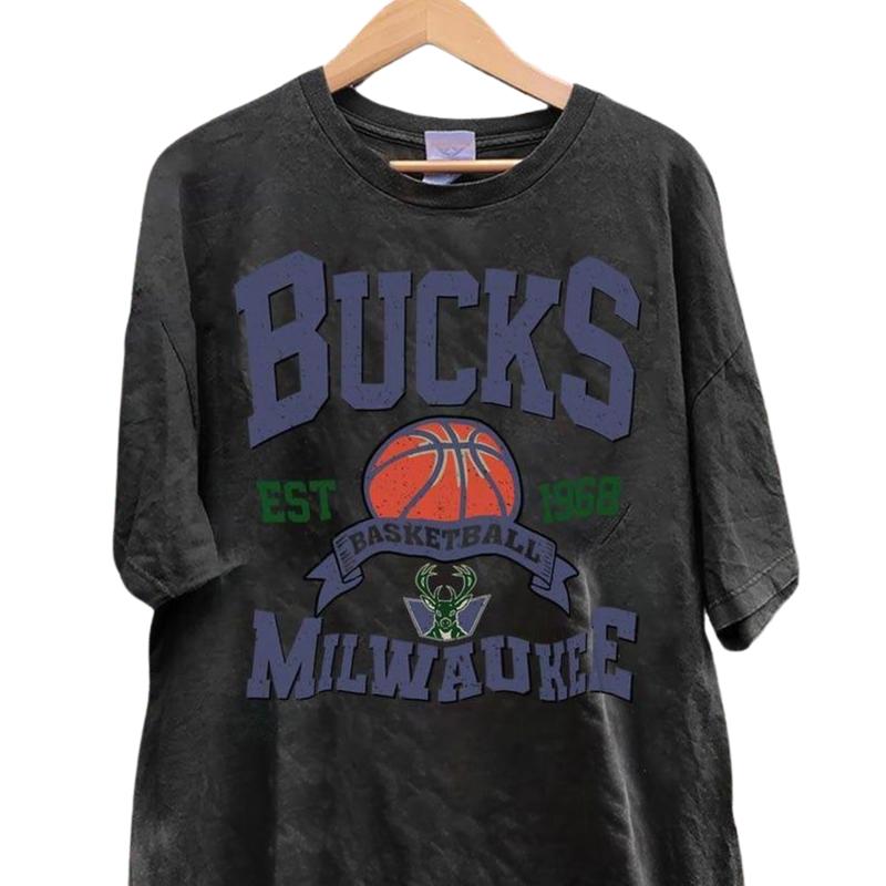 Milwaukee Basketball Vintage tshirt, Bucks Crewneck Retro Shirt, Gift For Fan Milwaukee Basketball Shirt Menswear Classic Jersey Collar Cotton Fabric