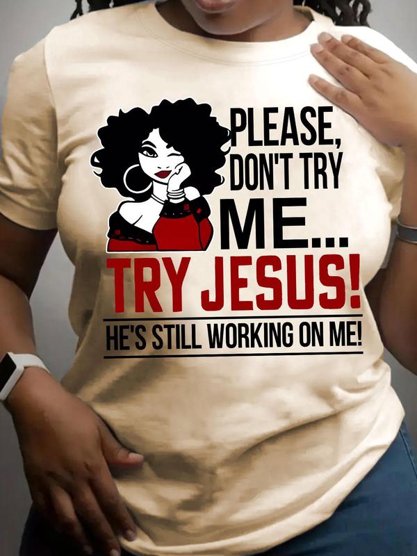 Women's Cartoon Figure & Letter Print Round Neck Tee, Graphic Tees, Fashion Casual Crew Neck Short Sleeve T-Shirt for Daily Holiday Vacation Outdoor W