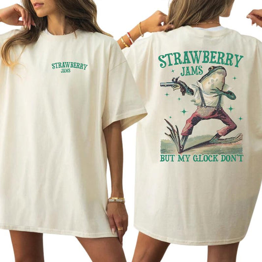 Strawberry Jams But My Glock Don't Frog Graphic 2-Sided Shirt, Vintage Country Girl T-shirt, Retro Frog Tee, Funny Women's Top, Casual Womenswear