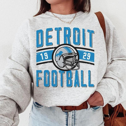 Vintage Detroit Football Crewneck Sweatshirt  T-Shirt, Lions Sweatshirt, Lion Football T-Shirt Casual Round Neck