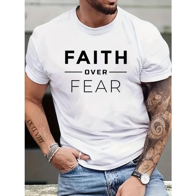 Mens Faith Over Fear Graphic Tee - Lightweight, Short Sleeve, Crew Neck - Inspirational Summer Clothing for Outdoor Adventures Made in USA