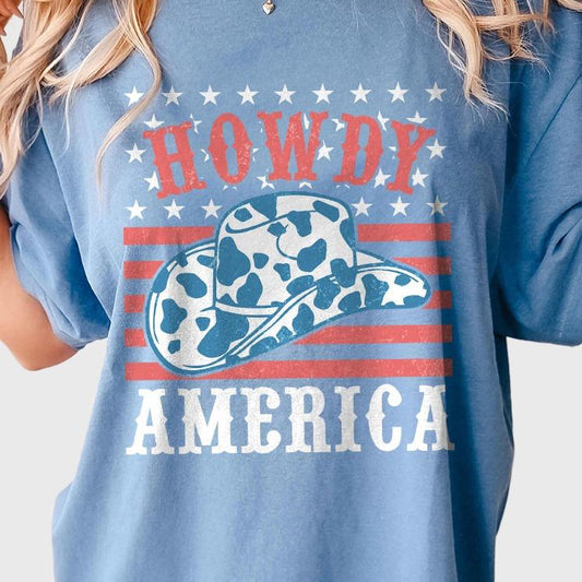 Howdy America Shirt, 4th Of July T-Shirt, Cowboy Style Patriotic Tee, Independence Day Celebration, USA Flag Design, Retro American Pride Shirt, Women