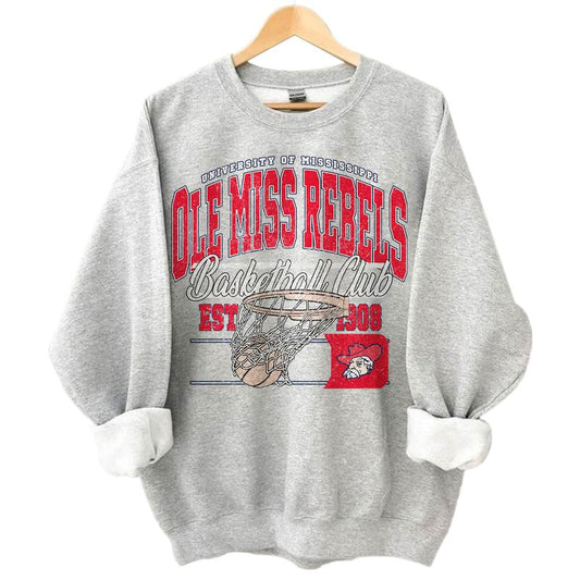 Ole Miss Rebels Vintage Basketball NCAA Sweatshirt - Tshirt - Hoodie, University of Mississippi Unisex Basketball NCAA Shirt, Unisex Vintage NCAA Shirt, Classic Basketball Shirt, Gifts For Basketball Fan Sport, Cotton, Sweatshirt