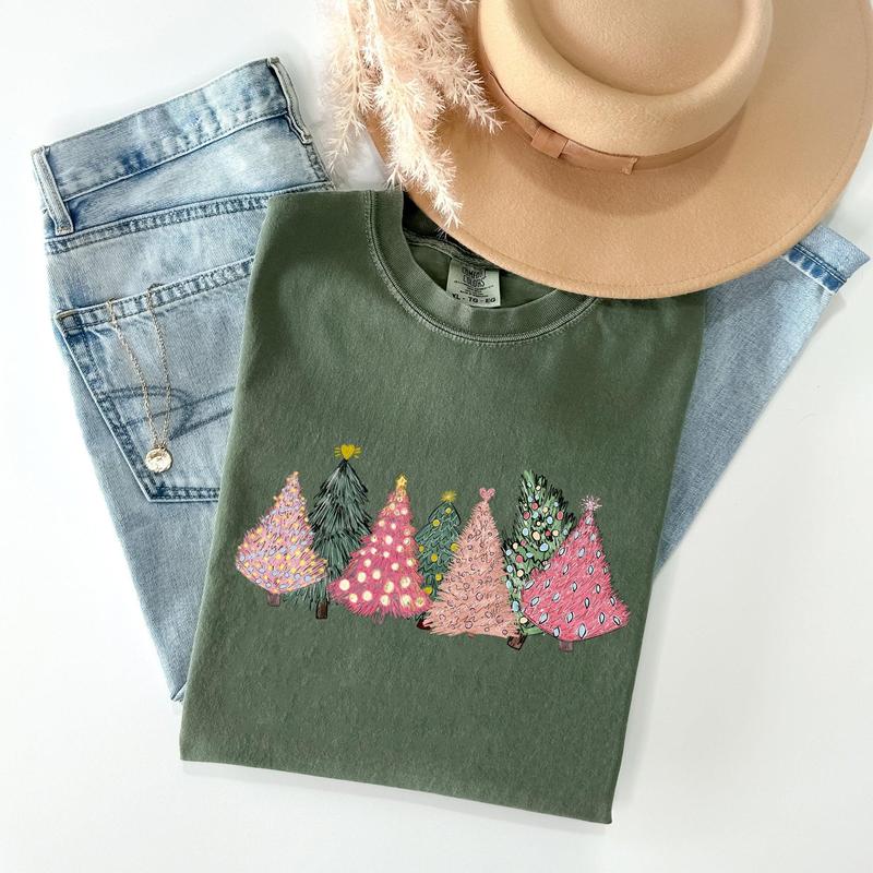 Sketched Christmas Trees, Christmas Heart, Vibrant, Winter, Snow, Xmas Tshirt, Christmas Comfort Colors Tshirt, Women's Graphic Tee, Xmas, Santa, Wint