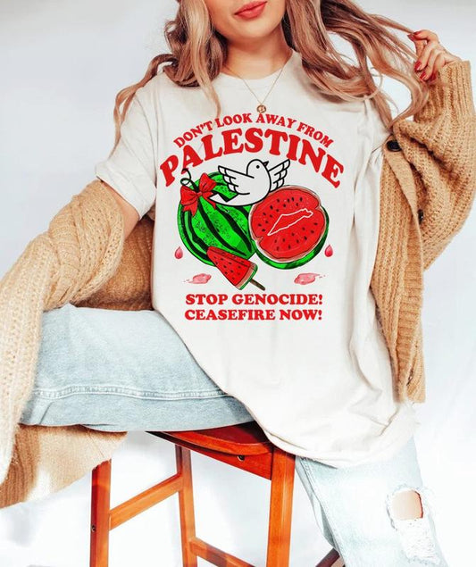 Don't look away from palestine ,  palestine shirt . Top Womenswear Underwear Lady Casual Collar
