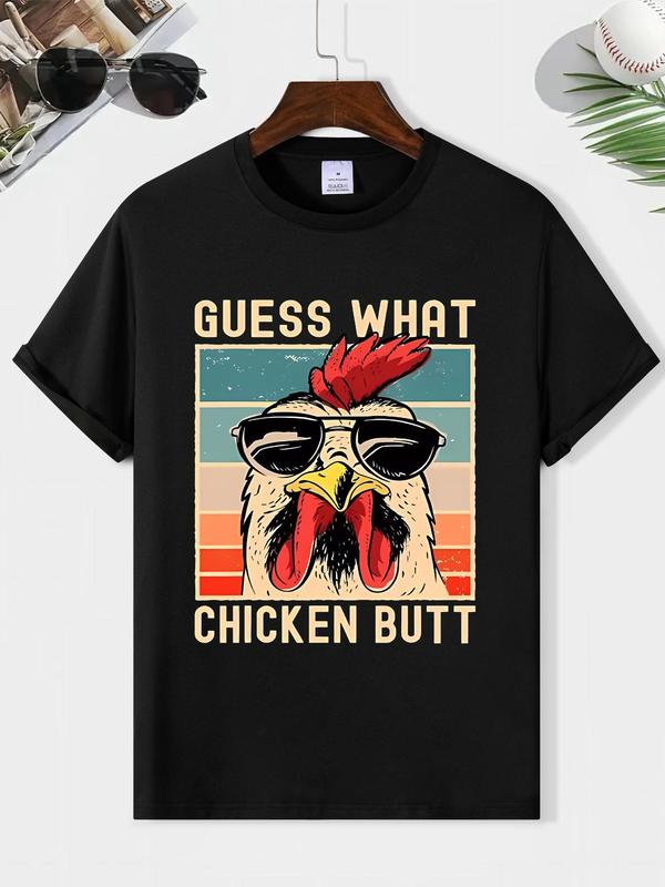 Men's Cartoon Chicken Print Tee, Casual Summer Graphic Round Neck T-shirt, Streetwear Regular Fit, Short Sleeve Fashion for Daily Comfort