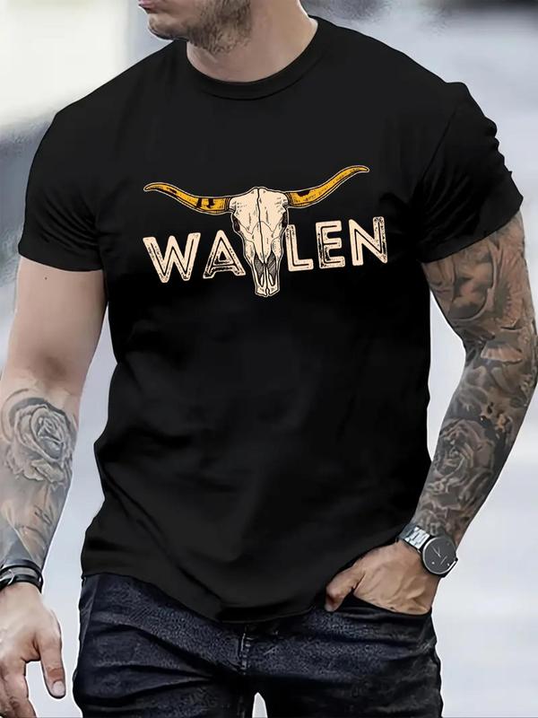 Men's Bull Head & Letter Print Round Neck Graphic Tee,Â Graphic Tees for Men, T Shirts for Men, Regular Fit Casual Short Sleeve Crew Neck T-shirt, Fashion Men'sÂ Men's T Shirts Summer Top for Daily Wear