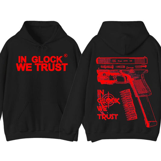 IN GLOCK WE TRUST Double Side Hoodie - Full Color - Red Design, Unisex Sweatshirt with Long Sleeve, Glock Shirt