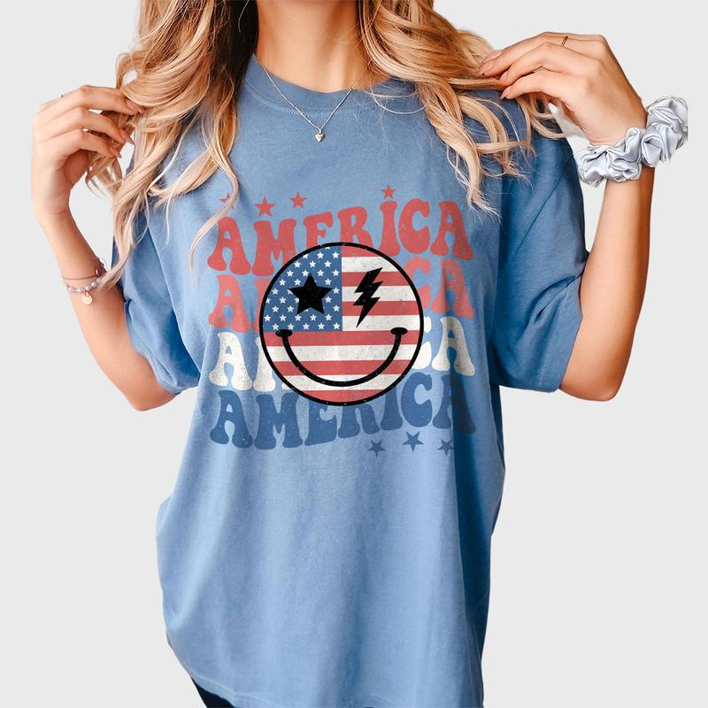 Retro Smiling America Shirt, Patriotic Shirt, 4th Of July Checkered Shirt, America Shirt, Independence Day T Shirt, USA Flag Shirt, Funny 4th of July Gift T-shirt, American Tee, Independence Day Parade Outfits, 4th Of July Women Top