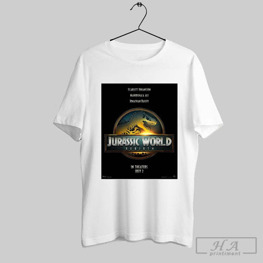 Poster Jurassic World Rebirth Scarlett Johansson Mahershala All Jonathan Bailey In Theaters July 2 2025 T Shirt