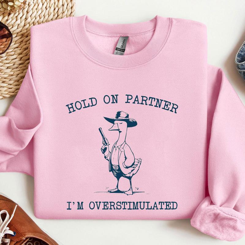 Hold On Partner I'm Overstimulated Cowboy Goose Sweatshirt, Funny Cowboy, Weirdcore, Funny Meme, Funny Western Sweatshirt Unisex Classic Fabric