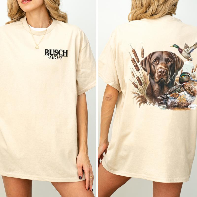 Busch Light Dog Hunting Duck 2-Sided Graphic Shirt, Mallard Hunting Shirt for Men, Dog Hunt Tee, Soft Cotton Fabric Tshirt, Classic Casual Womenswear