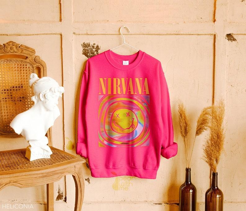 Nirvana Smiley Face Sweatshirt, Nirvana Smiley Face Crewneck, Nirvana Shirt, Nirvana Oversized Sweatshirt, Heliconia Pink Color, Trendy Tees