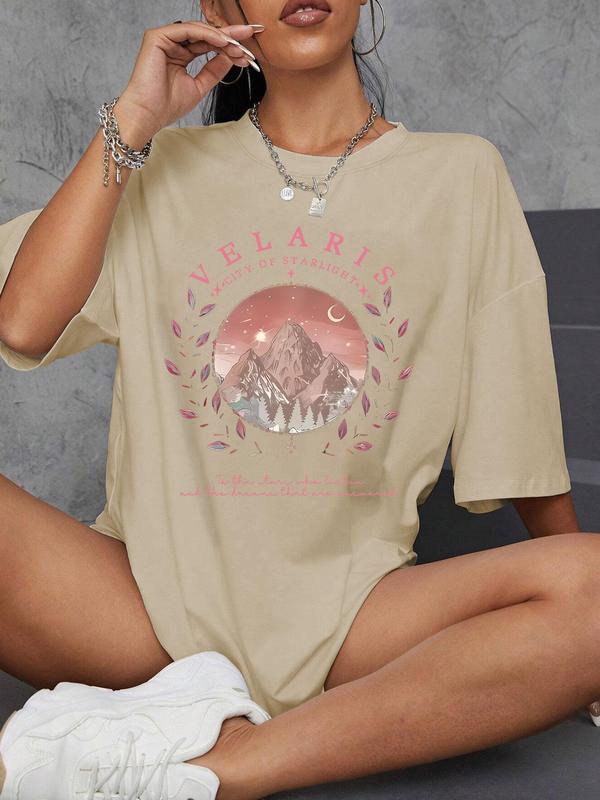 WomenswearÃ‚Â Mountain & Letter Print Round Neck Tee,Ã‚Â ComfortÃ‚Â Trendy Casual Crew Neck Short Sleeve T-shirt for Daily Wear, Ladies Summer Outfit