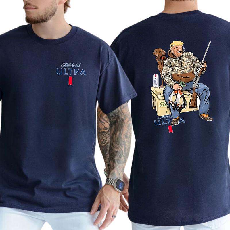 Camo Hunter Trummp With Michelob Ultra Beer Shirt 2-Sided, Funny Men's Hunting T-shirt, Beer Drinking Tee, Unisex Hunt Tops, Classic Casual Menswear
