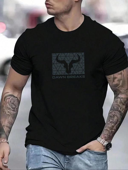 Men's Bull Head & Letter Print Round Neck Tee, Regular FitÂ Trendy Casual Streetwear GraphicÂ Short Sleeve T-Shirt for Daily Wear, Graphic Tees,Â Men's Summer Outfit 2024, Vintage Tees, Men's T Shirts