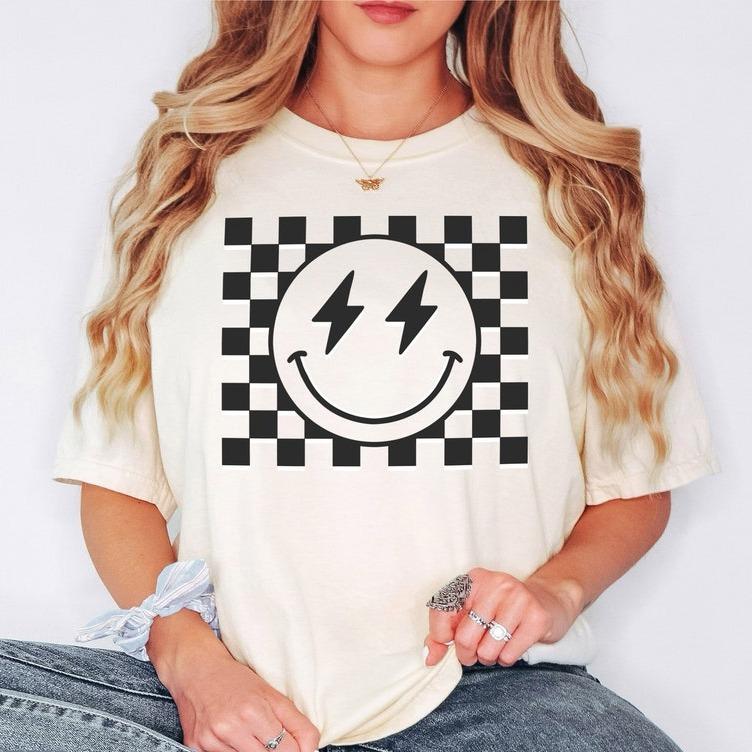 Checkered Smiley FaceT- Shirt, Retro Happy Face Tee, Vintage Checkers Shirt, Lightning Bolt Tee, Happy Shirt, Graphic Tee,Trending Tshirt Casual Top