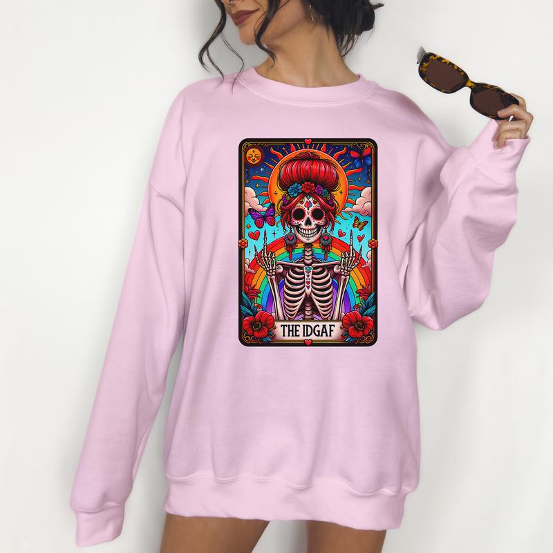 The IDGAF Tarot- Unisex Crewneck Sweatshirt - Print is Sublimation, Christmas Crewneck, Gift Idea, Relaxed Fit, Casual Apparel