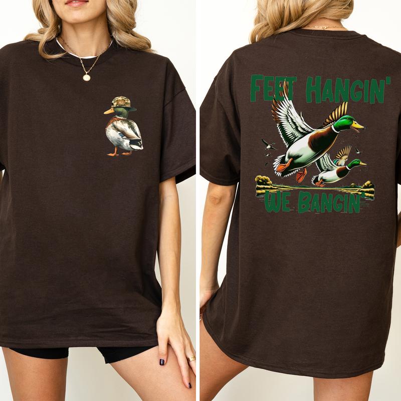 Camo Duck Hunt Feet Hangin We Bangin 2-Sided Graphic Shirt, Mallard Hunting Tops for Men, Unisex Hunter Tshirt, Soft Cotton Fabric Casual Womenswear