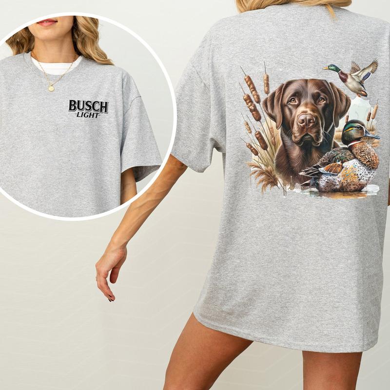 Busch Light Dog Hunting Duck 2-Sided Graphic Shirt, Mallard Hunting Shirt for Men, Dog Hunt Tee, Soft Cotton Fabric Tshirt, Classic Casual Womenswear