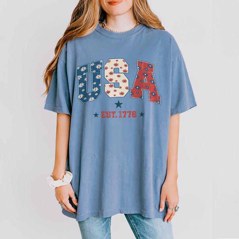 1776 America 4th of July Shirt, USA Floral Flowers Shirt, Comfort Shirt for Women, Retro America Shirt, 1776 Shirt, Comfort Oversized Tshirt, Independence Day Shirt for Her, Him, American Flag Tee, Fourth of July Shirt T-Shirt, July 4th Shirt, Women Top