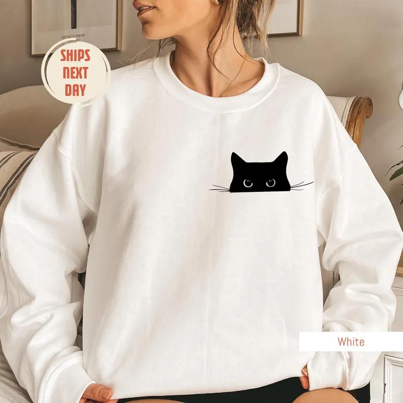 Cat Sweatshirt, Cute Cat Sweatshirt, Black Cat Shirt, Cat Peeking Sweatshirt, Womens Funny Sweater, Gift for Cats Lover, Cat Mom Sweatshirt