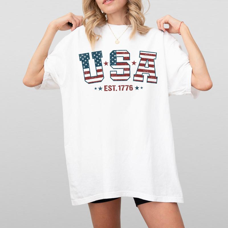 Retro USA Est 1776 Shirt, America T-Shirt, Retro USA T-shirt, 4th of July, 4th of July T-Shirt, Shirt For Women, Gift For Independence Day, Freedom Shirt, Patriotic Shirt, America Flag Tee,Star American Tee, Women Tops