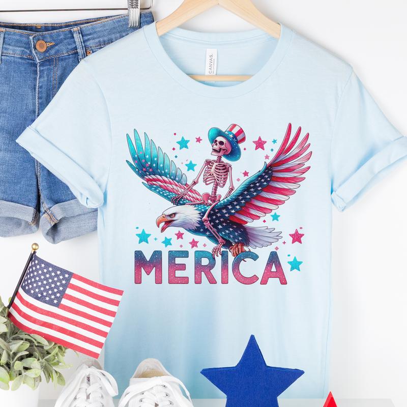 USA 4th of July Skull Tshirts Merica Skull Patriotic Tees Born Free Skeleton Rocker Tops USA Merica Skeleton T-Shirts Mullet USA Skull Tee Holiday Ind