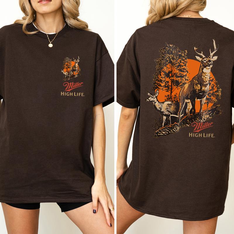 Vintage Miller High Life Deer Hunting 2-Sided Shirt, Men's Buck Hunting T-shirt, Unisex Hunter Tops, Beer Drinking Tshirt, Casual Cotton Womenswear