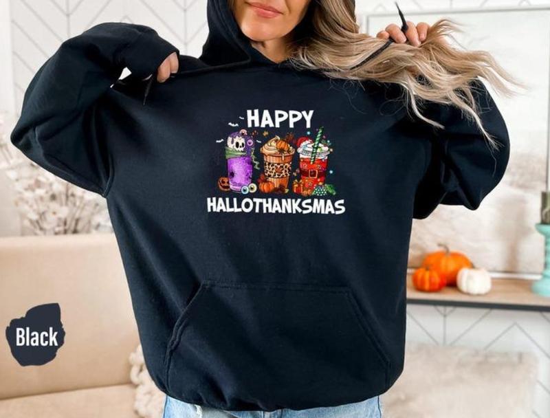 Happy HalloThanksMas Coffe Shirt - Sweatshirt - Hoodie, Funny Gnome Sweatshirt, Cute Drinking T-shirt, Women Christmas Shirt, Thanksgiving Tee, Hallow