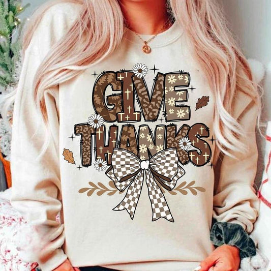 Give Thanks Thankful Fall Coquette Bow Crewneck Sweater, Jesus Fall Bible Verses Bithank Unisex Shirt