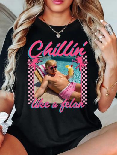 Trump Chill LIKE A FELON Print T-shirt, Trump Cute T-shirt, Trendy Trump Shirt, 100% Cotton, Crew Neck, Slight Stretch, Breathable & Wear-Resistant, A