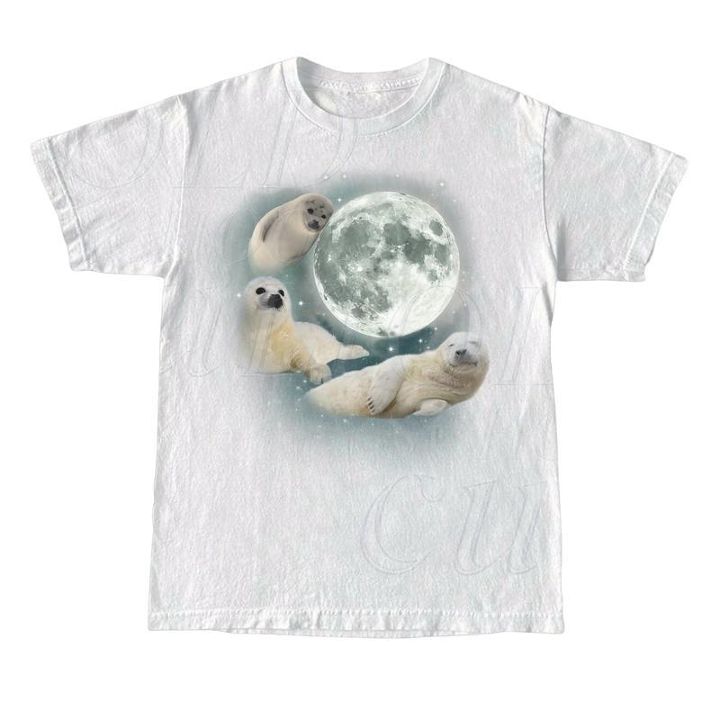 Three Baby Seal Vintage Graphic T-shirts, Retro Sea Dog Moon Tshirt, Relaxed Washed Unisex Adult Tee, Seal Lovers, Cute Sea Dog Tee Menswear Top Underwear Streetwear