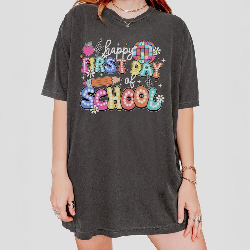 Happy First Day Of School Shirt, Teacher Women Top, Retro Teacher Back To School Tee, Funny First Day Of School Shirt, Cute Teacher T-Shirt, Teacher Team Outfits, Kindergarten Teacher, First Grade Shirt, Teacher Women Tops