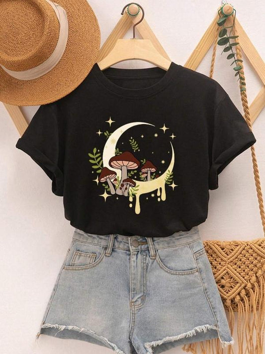 Women's Moon & Mushroom Print Short Sleeve Tee,Ã‚Â Summer Clothes Women, Casual Graphic Round Neck T-Shirt for Summer, Women's Top for Daily Wear