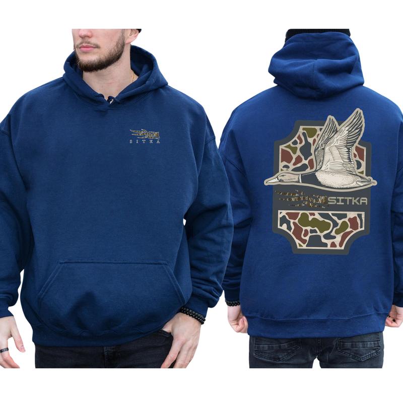 Classic SITKA Camo Mallard Hunting 2-Sided, Camouflage Printed Hoodie for Men, Duck Hunt Pullover, Unisex Hunter Tops, Classic Casual Menswear