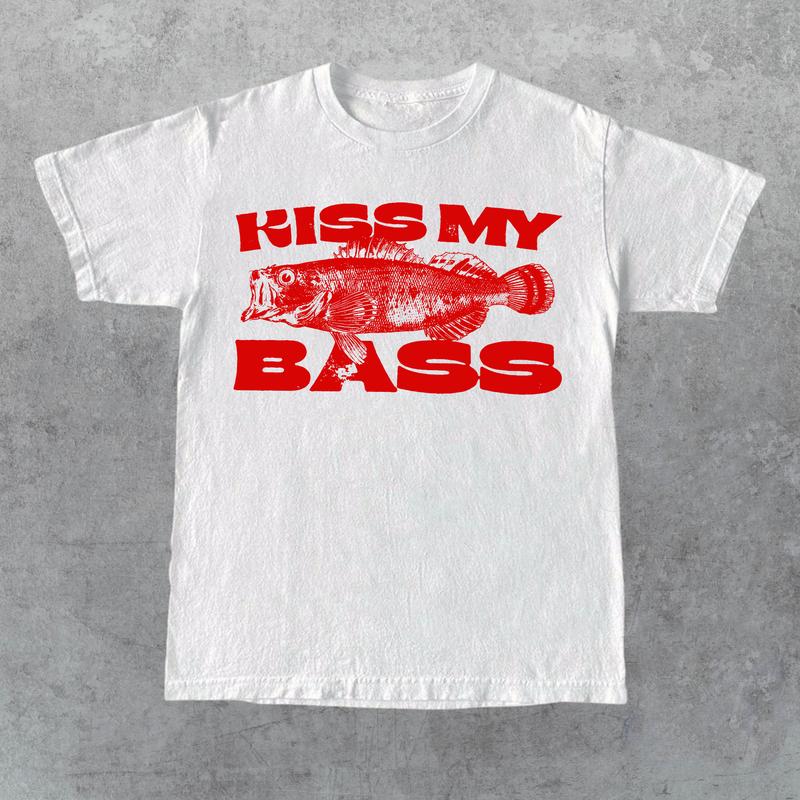 Kiss My Bass Vintage Style Fishing T-Shirt, Retro Fisher T Shirt, Fisher Gear, Fisher Graphic Shirt, Adult Unisex Relaxed Cotton Shirt - Red Design Li