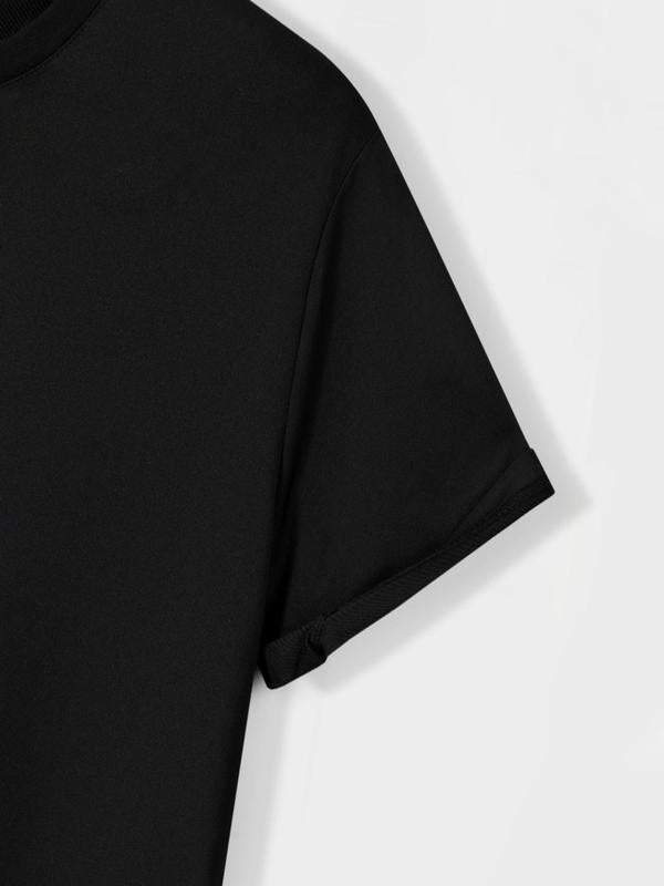 Men's Letter Print Round Neck Graphic Tee, Regular Fit Short Sleeve Crew Neck T-shirt, Casual Summer Streetwear Top, Basic Minimalist Black Menswear f