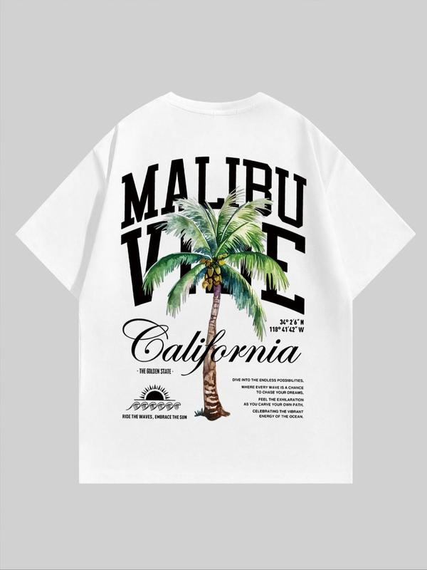 MMen's Coconut Tree & Letter Print Short Sleeve Tee, Regular FitÂ Casual Streetwear Graphic Round Neck T-Shirt, Graphic Tees,Â Men's Summer Graphic Tees Outfits
