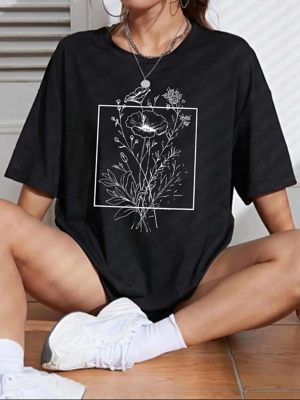 Women's Back To SchoolÃ‚Â Floral Print Drop Shoulder Tee, Summer Clothes Women,Ã‚Â Casual Half Sleeve Round Neck T-Shirt for Summer, Summer Outfits, Graphic