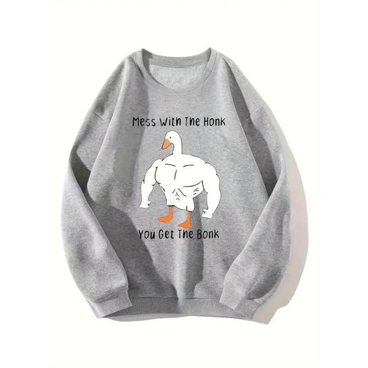 Strong Goose Print Casual Sweatshirt, Pullover Loose Crew Neck Sweatshirt, Women's Sweatshirts, Funny Duck Shirt, T-shirt Cotton Womenswear Light Poly