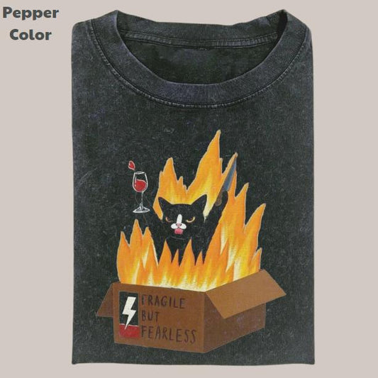 Retro Funny Vintage Graphic Tee, Fragile But Fearless Cat T-Shirt, Unisex Meme Cringe Funny Dumb Shirt, Menswear Womenswear Streetwear