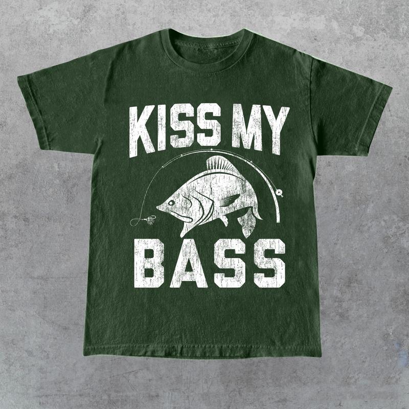 Fathers Day Fishing T-shirt, Humor Angling Shirt, Punny Gag Meme Fisherman Loose Fit Tee, Joke Fishing Gifts, Kiss My Bass Shirt