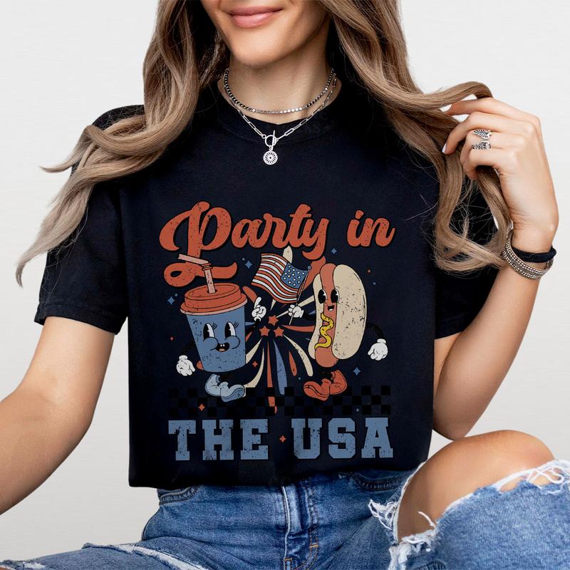Retro Party In The USA Shirt, 4th Of July Shirts, Gift For Her, Indenpendence Day Gifts, Funny Fourth Of July Shirts, USA Hot Dog Funny Tee, USA Patriotic Tee, Shirt For Women, Trendy Celebration Shirt, Women's Tops Casual Comfort Womenswear Breathable