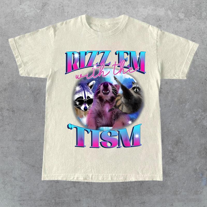 Rizz Em With The Tism Retro Shirt, Vintage Funny Raccoon Graphic Shirt, Autism Awareness, Raccoon Meme Tee, Relaxed Soft Cotton Shirt