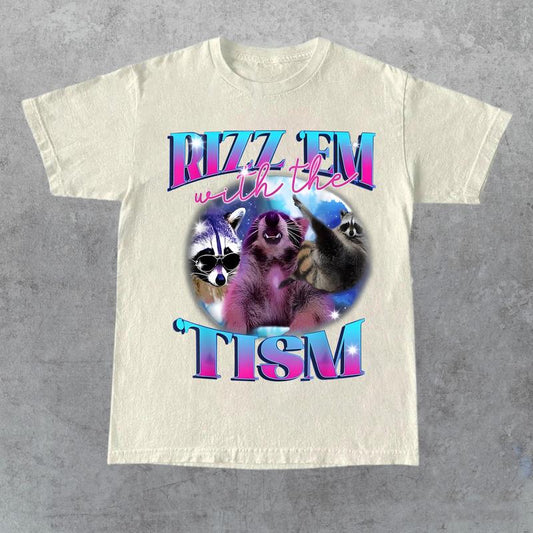 Rizz Em With The Tism Retro Shirt, Vintage Funny Raccoon Graphic Shirt, Autism Awareness, Raccoon Meme Tee, Relaxed Soft Cotton Shirt