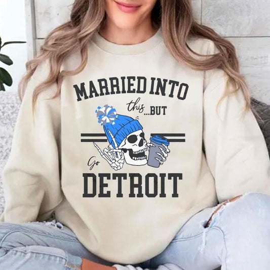 Married Into This But Go Detroit Football Sweater, Detroit Skull Coffee Shirt, Unisex Halloween Tee